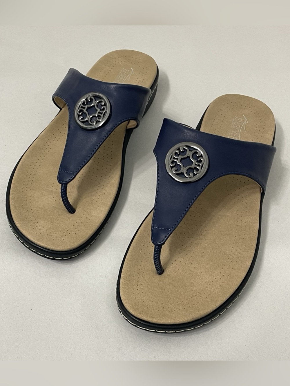 Shibever Navy Medallion Toe Post Sandals Size 41 EU